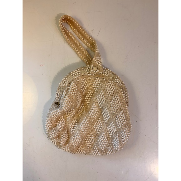 Unbranded Handbags - Vintage Beaded Wristlet Clutch Cream White Diamond Pattern Evening Bag 5.5"